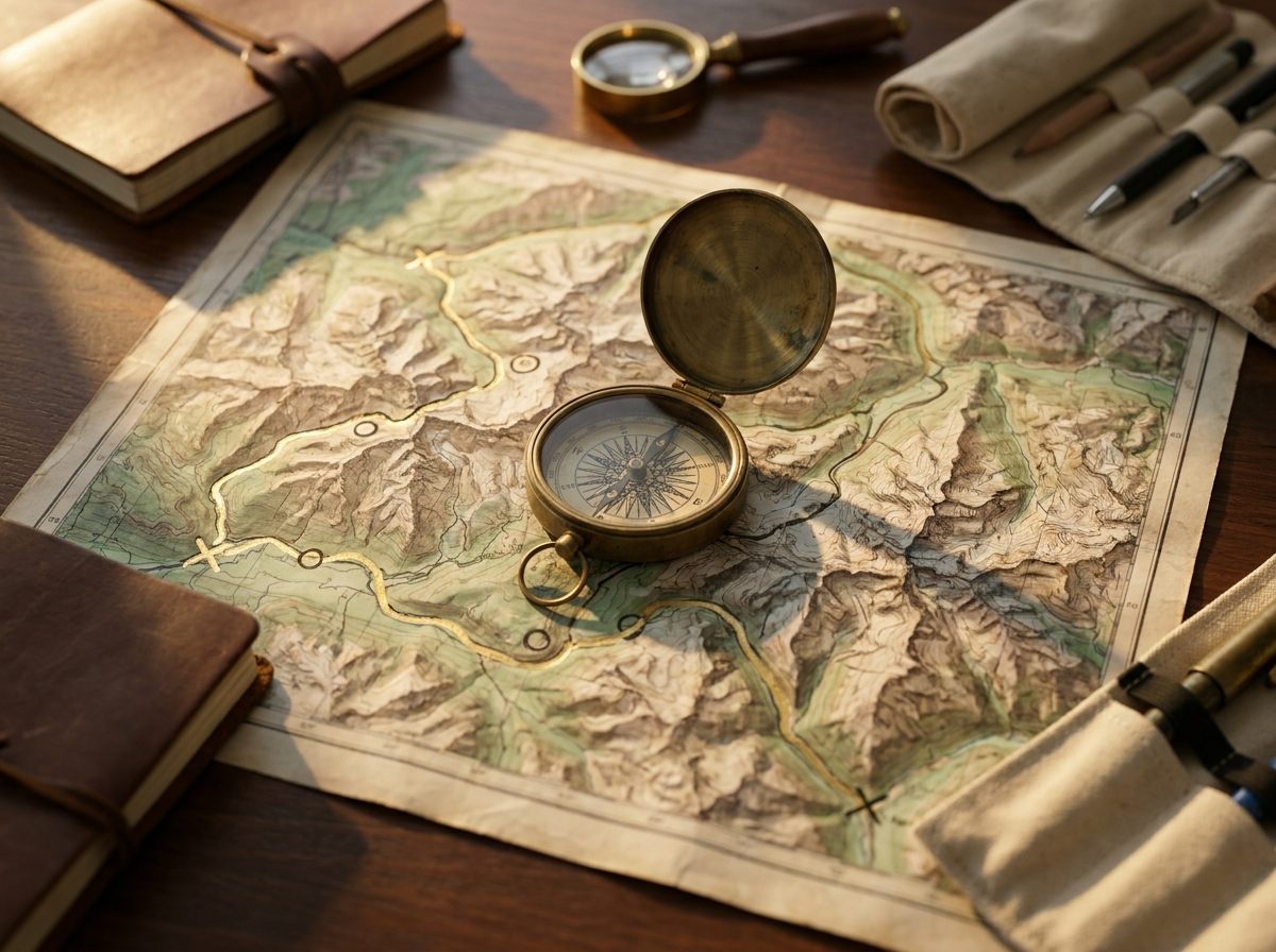 Brass compass resting on a topographic map with a route marked in gold.