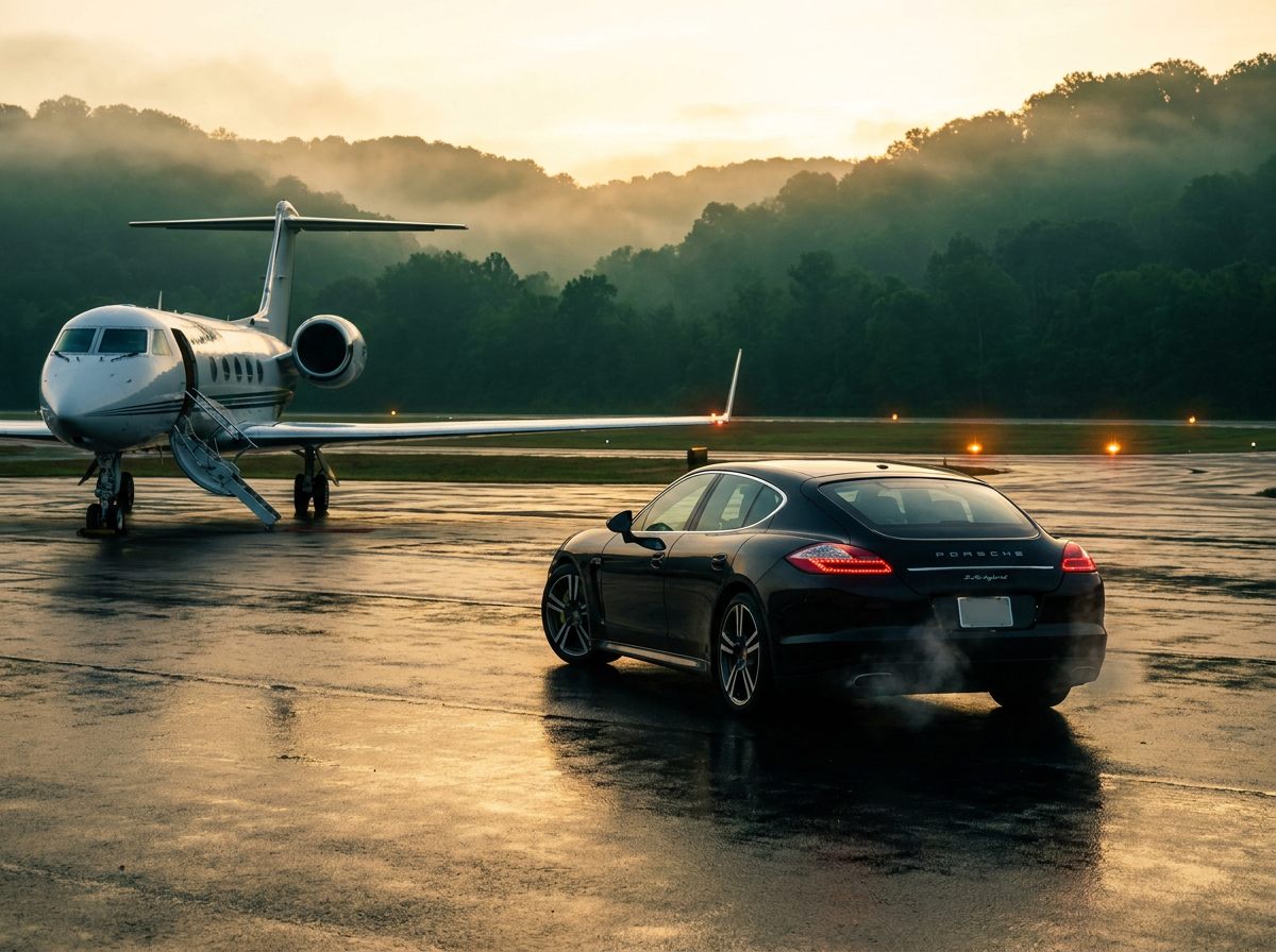 Black Porsche Panamera E-Hybrid pulling away from a private jet at dawn on wet tarmac.