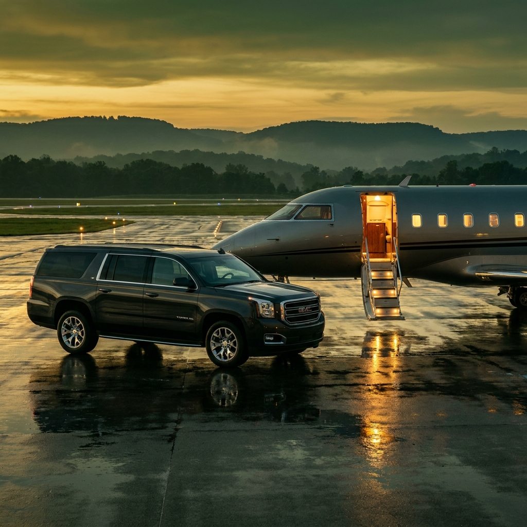 Black GMC Yukon XL staged plane-side beside a private jet at dawn near XNA.